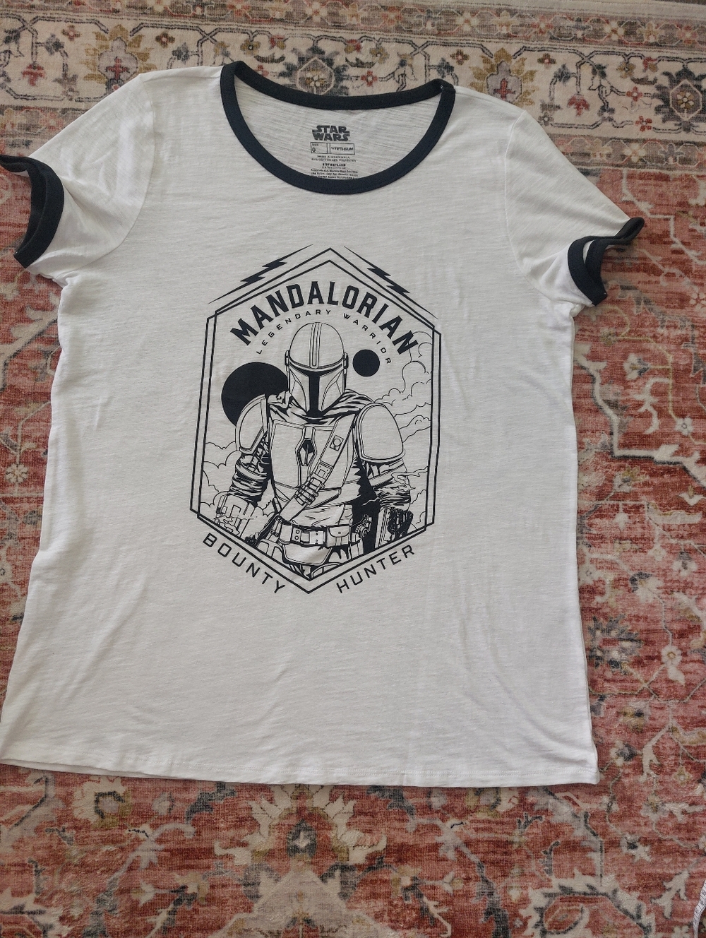 " Star Wars" White Tee with Black Ringer and Mandalorian Graphic Size:0